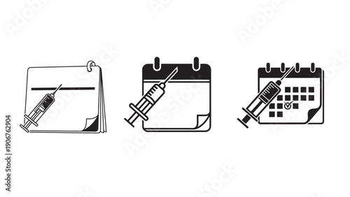 Vaccination Appointment Icons Set Showing Syringe, Calendar and Medical Schedule for Immunization Campaigns and Patient Reminder Systems