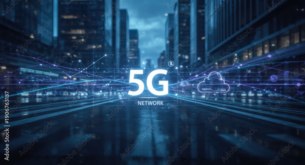Fototapeta premium Holographic visualization of smart city wireless systems with 5G network and cloud server integration on urban backdrop