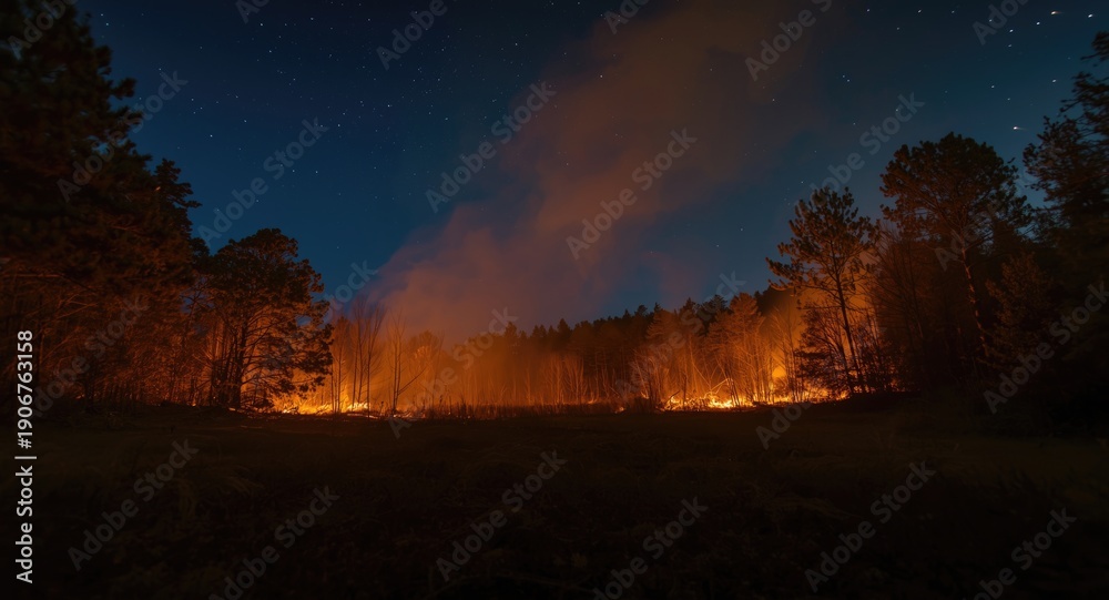 Fototapeta premium Burning woodland clearing under the cover of darkness