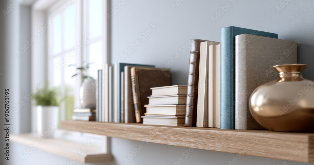 Fototapeta premium Close-up of wooden shelf with neatly arranged books and decorative vases in a bright modern room with large