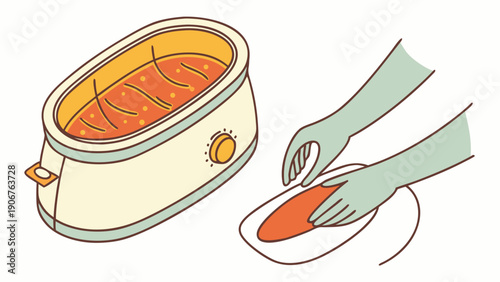 A vector graphic illustration of a person serving food from a slow cooker