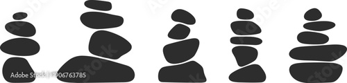 Minimal abstract stone balance silhouettes set isolated on white background, zen spa concept with stacked pebbles shapes for meditation, harmony, wellness, relaxation and modern design.