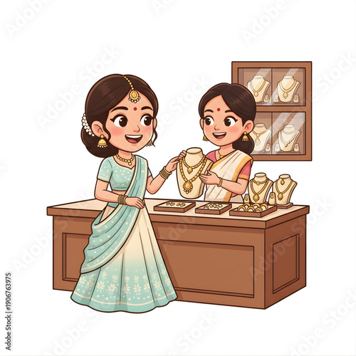Bride choosing gold jewelry at store, happy expression, vector caricature