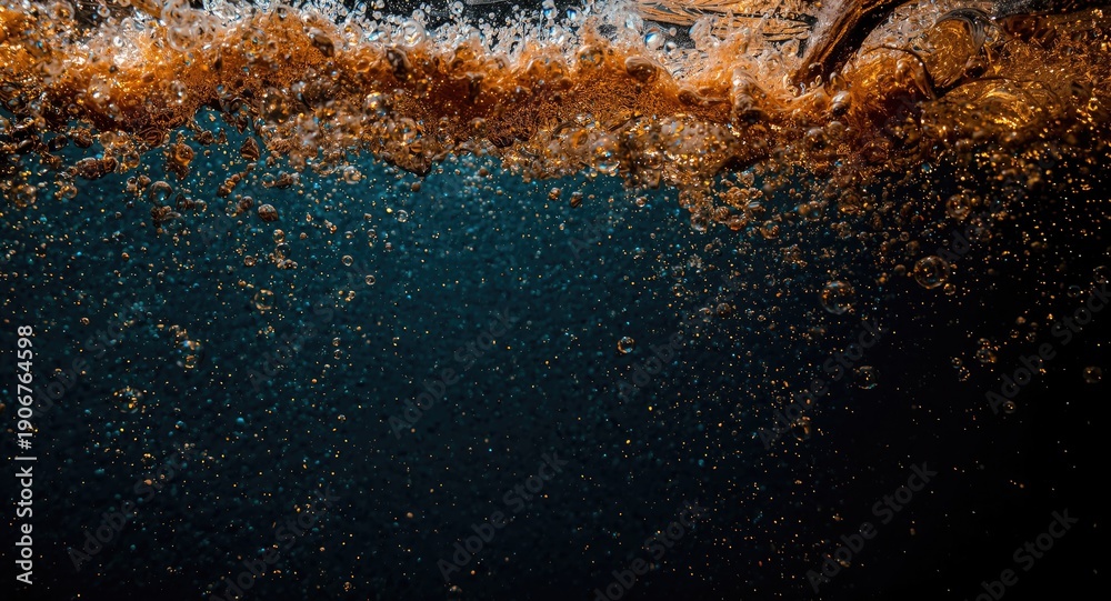 Obraz premium Carbonated beverage bubbles underwater in motion with vibrant fizz against a dark textured background