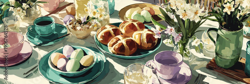 A table is set for an Easter brunch featuring pastel dishes, decorated eggs, hot cross buns, and spring flowers. The scene reflects a 1960s illustration style and joyful celebration, banner