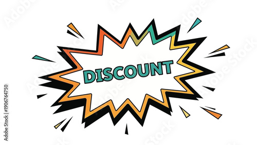 Vibrant comic-style discount sign with bold, colorful graphics and dynamic lines on a white background.