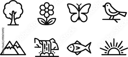 A set of nature icons featuring a tree, flower, butterfly, bird, mountains, waterfall, fish, and sunrise in a minimalist line art style, isolated on white background