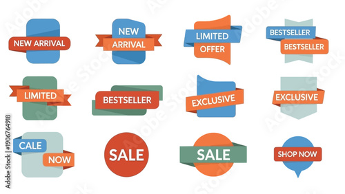 Collection of sale and promotion labels with various shapes and colors on a white background.