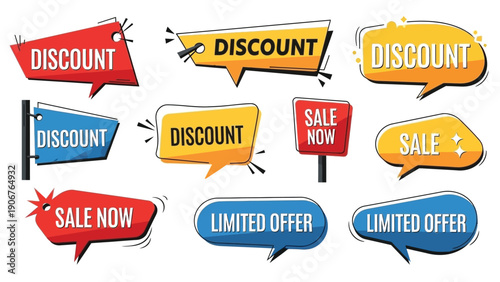 Flat lay of assorted colorful discount and sale speech bubbles on a clean white background.