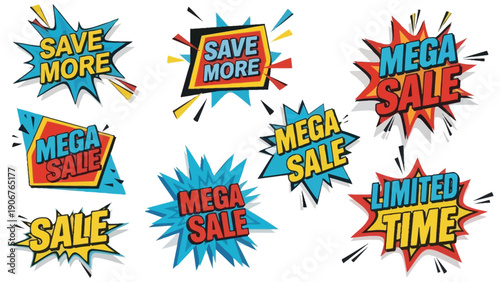 A collection of colorful sale and discount stickers with bold text on a white background.