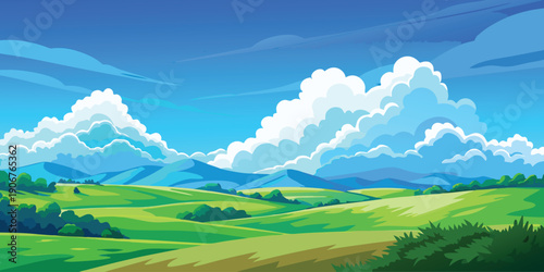 Expansive green fields and gentle hills unfold beneath a dramatic blue sky with large, voluminous white clouds.

