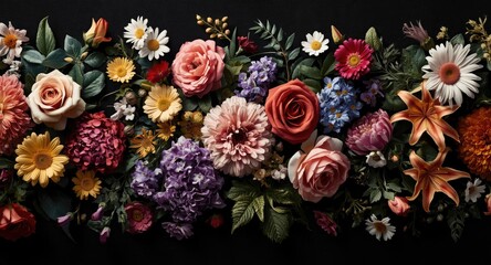 colorful textile flower border pattern incorporating diverse flowers on black background