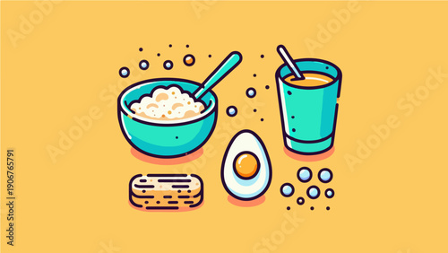 Cute Breakfast Illustration with Cereal Bowl, Avocado, Pancakes, and Juice