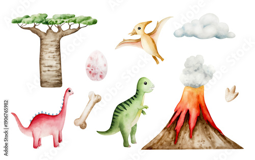 Foto Cute dinosaur set, volcano eruption, egg, bones, baobab tree