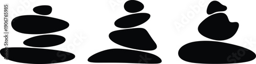 Zen stacked stone silhouettes set isolated on white background, minimalist balance pebbles composition for spa, meditation, harmony, wellness, relaxation and calm nature concept.