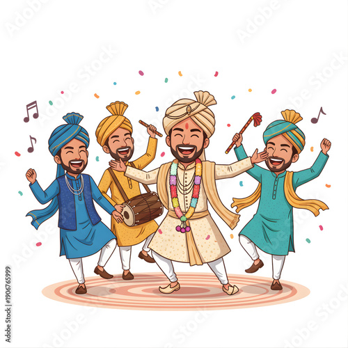 Groom dancing with friends during baraat procession, joyful vector caricature