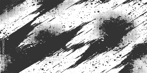 A vintage black and white grunge background featuring a hand-drawn ink sketch of city architecture and buildings framed by a dirty splatter paint texture on old paper