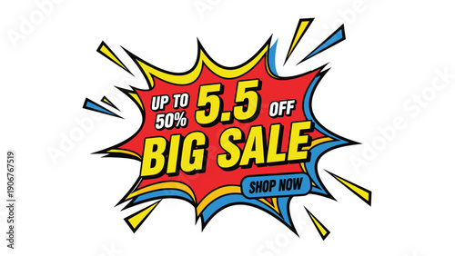 Vibrant sale advertisement with up to 50% off and 5.5 dollars discount on a white background with colorful rays.