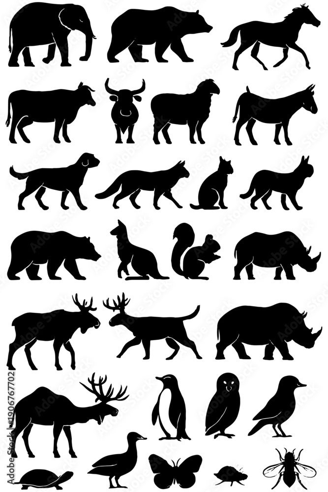 Obraz premium silhouettes of animals, Complete Animal Silhouettes Pack – Farm, Forest, Pets & Wildlife