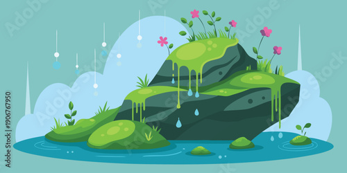Lush moss-covered rocks with vibrant pink flowers and plants emerge from calm water, illustrating natural growth.
