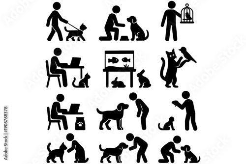 people and dogs,
Human with Pets Icon Set – Domestic Animal Interaction Pictograms