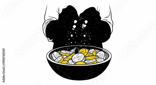 Black and white drawing of hands showering a bowl of sliced yellow and white produce
