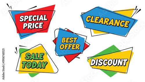 Colorful discount and sale banners on a white background with a flat lay composition and vibrant, promotional mood.