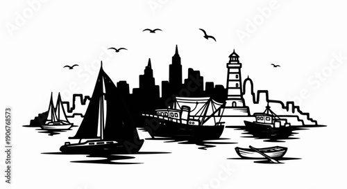 Black and white graphic of boats and cityscape with lighthouse and birds
