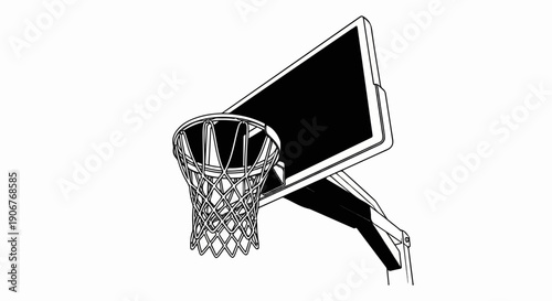 Black and white illustration of a basketball hoop and backboard on white