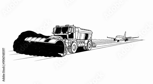 Airport snow plow clears runway for an approaching airplane