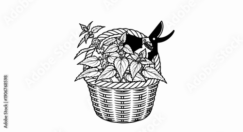 Black and white illustration of a basket full of herbs and pruning shears