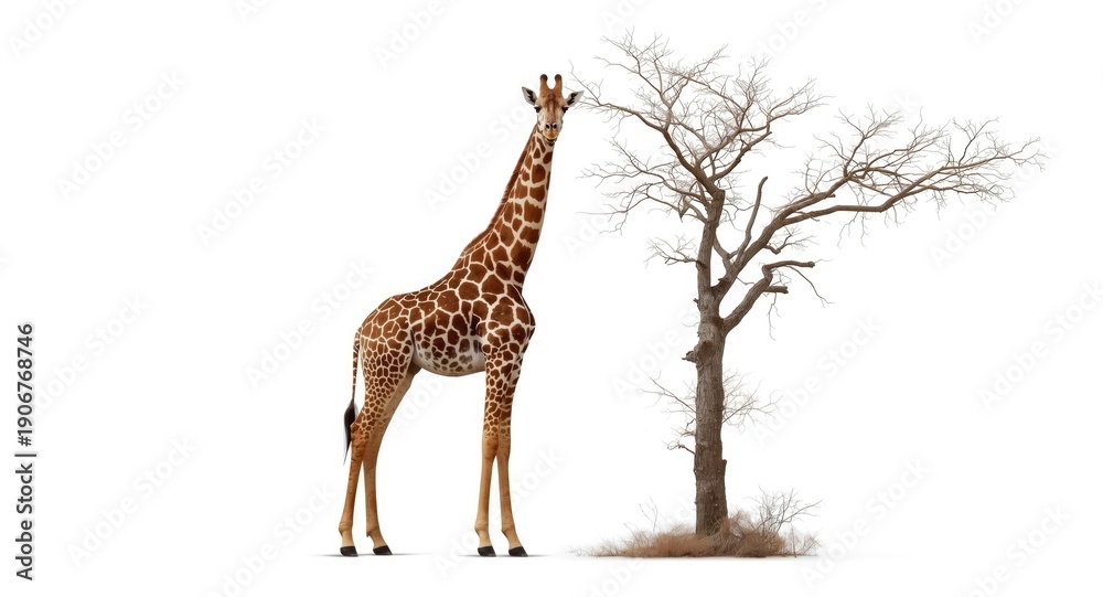 Obraz premium Full length giraffe with cheerful pose near leafless tree on white background