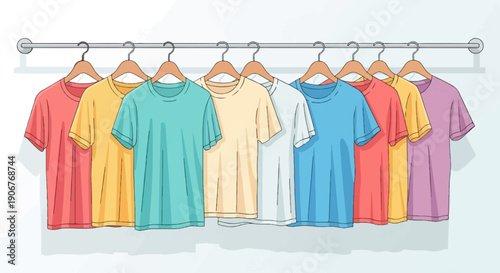 Assortment of colorful t-shirts hanging on a clothes rack