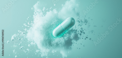 Macro photography of a minimalist white pill dissolving into a cloud of medicine for a winter flu awareness campaign