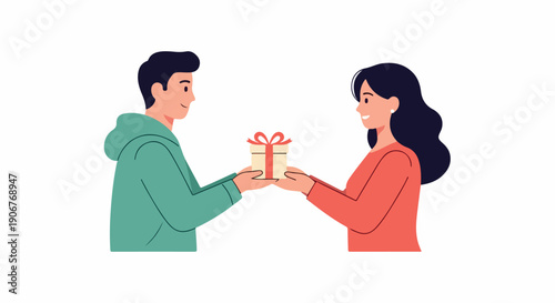 Illustration of a man and woman exchanging a gift box with a red bow on a plain white background.
