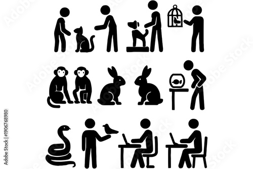 People with Pets Pictograms Set – Human and Animal Interaction Icons