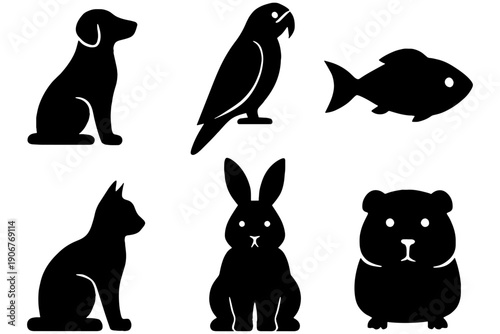 vector silhouettes of pet animals,
Pet Animal Silhouette Vector Icons – Dog, Cat, Bird, Fish, Hamster