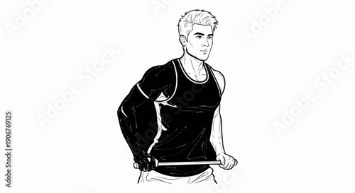 Athletic man in black tank top lifting weight