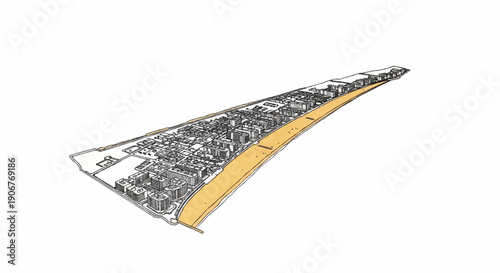 Aerial view of a densely populated coastal town with a sandy beach