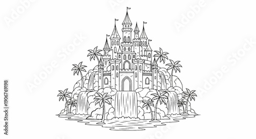 An artistic drawing of a fantasy castle with waterfalls and palm trees