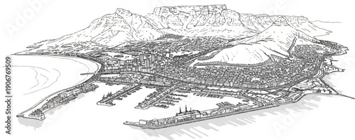 Aerial sketch of a coastal city nestled below a prominent mountain