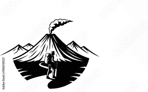 Adventurer approaches smoking volcano with backpack and trekking poles