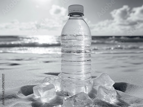 A bottle of water is on the sand with ice cubes