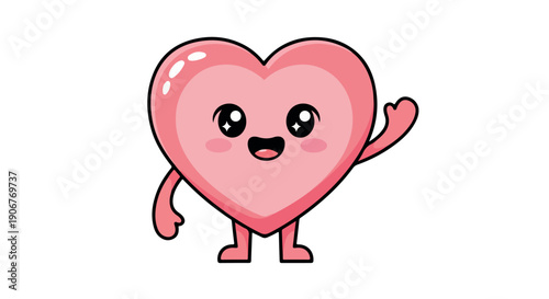 A cheerful pink heart character with a smiling face and raised hand against a clean white background in a cartoon style with a playful mood.
