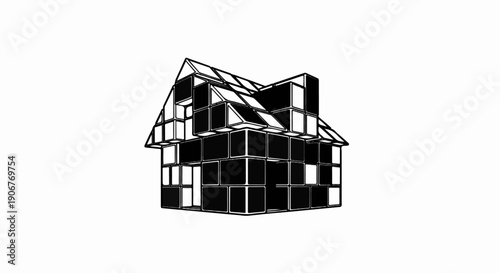 Abstract house constructed from black and white cubes on a white background