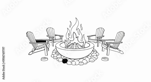 Adirondack chairs surround a burning fire pit with stones