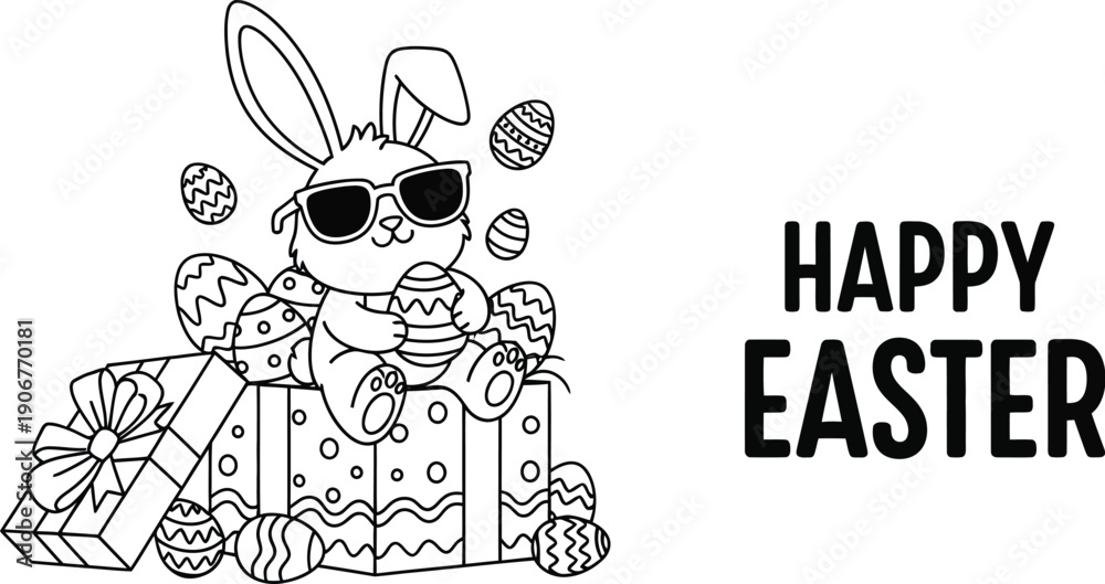 Fototapeta premium Adorable black and white line art coloring page featuring a cool bunny wearing sunglasses sitting on an open gift box surrounded by decorated easter eggs for the holiday celebration