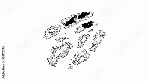 Abstract topographical contour map illustrating islands and landforms with shaded relief