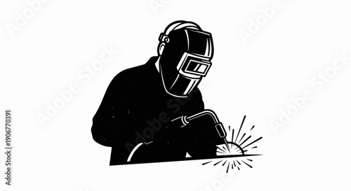 A welder wearing protective gear uses a torch to create bright sparks