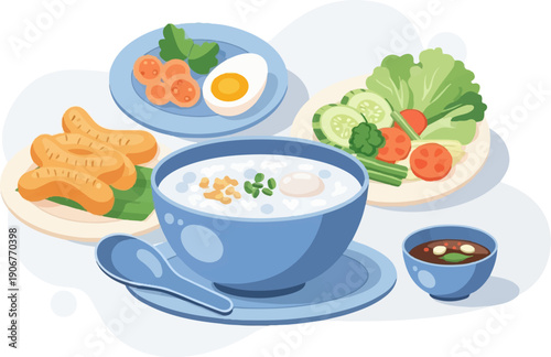 A warm bowl of congee with assorted side dishes and a dipping sauce